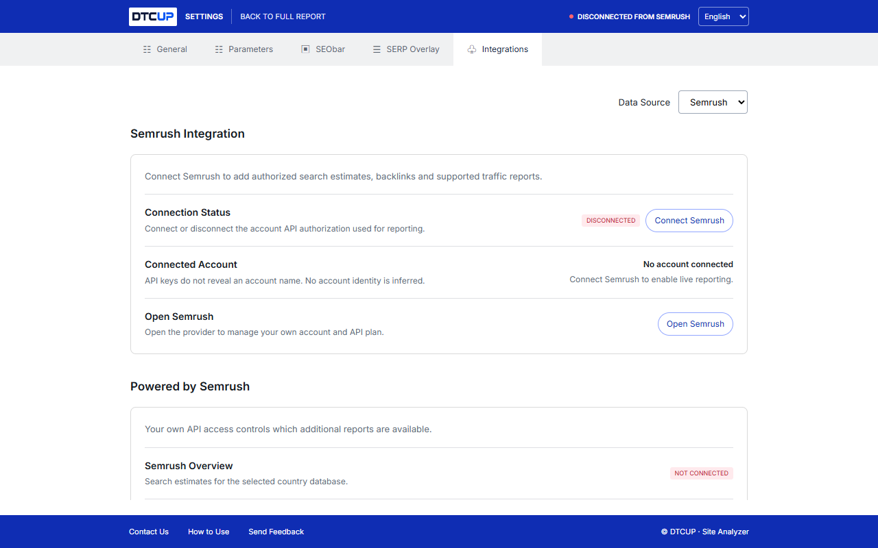 DTCUP Site Analyzer 英文连接设置中的 Semrush 未连接状态与连接控制