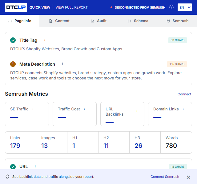 DTCUP Site Analyzer 英文快视图：页面证据与尚未读取的服务商指标